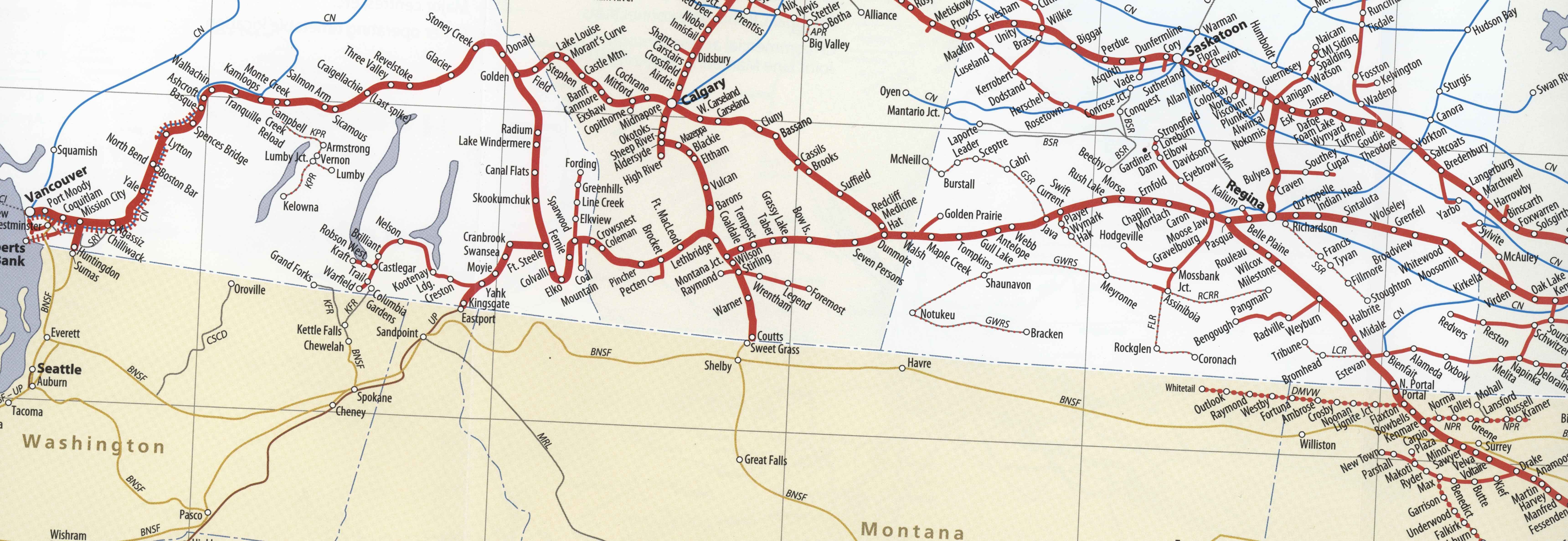 This CP-produced map shows lines in North Dakota and western Canada where substantial investments in network capacity were made on sidings, double track, and improved signaling from 2005 onwards.