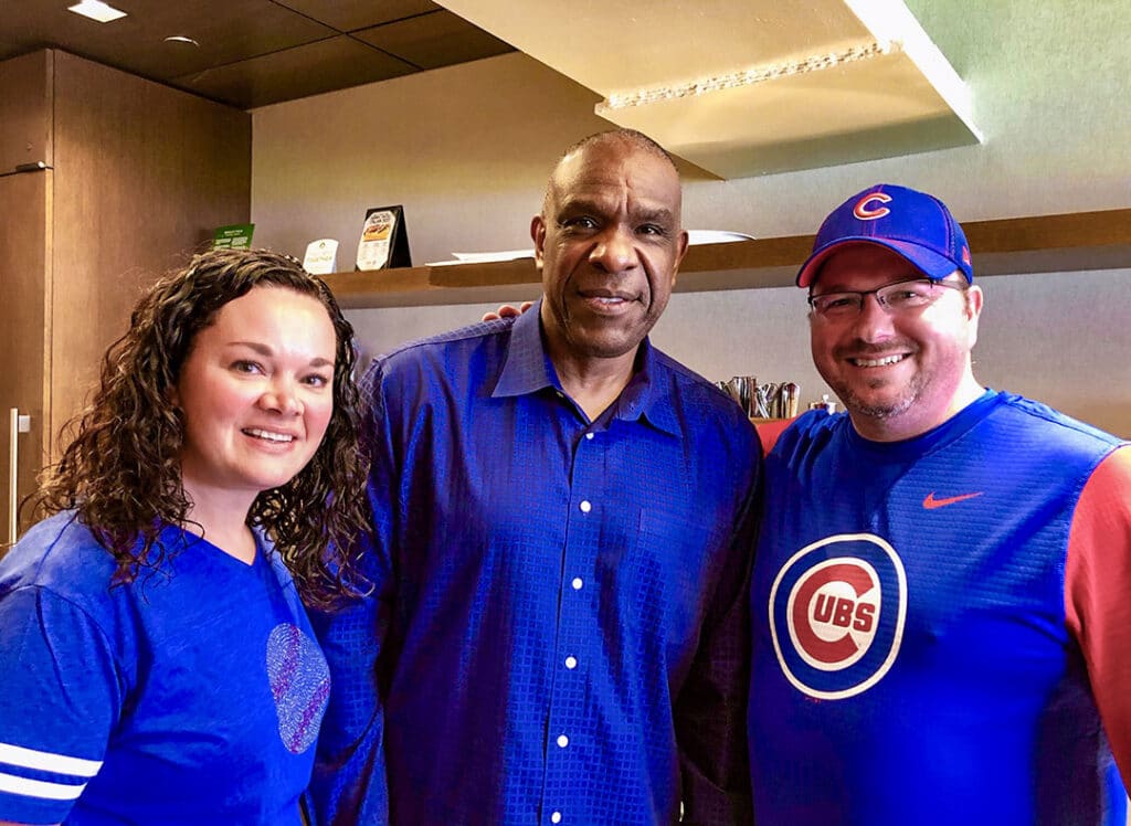 Julie and Jesse Chalich meet and visit with “The Hawk” – Chicago Cubs legend Andre Dawson.